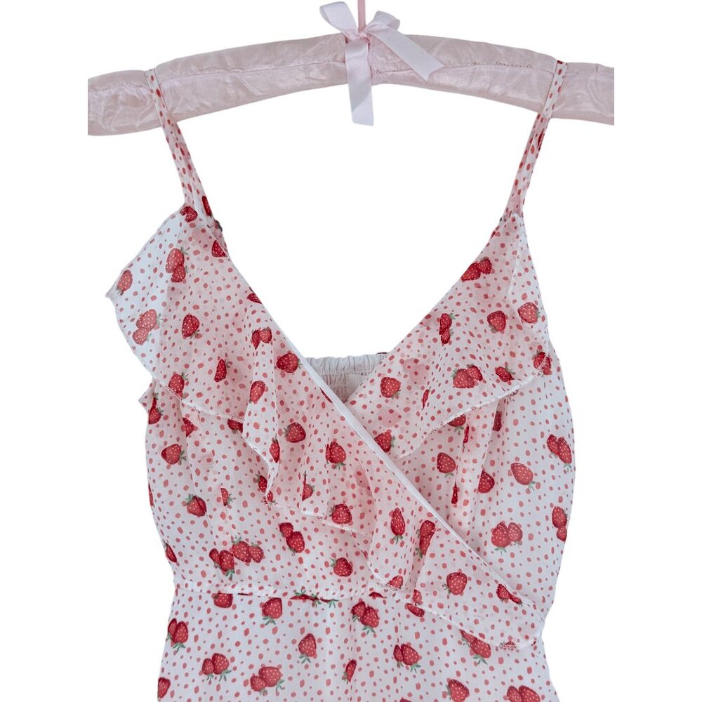 Jopna Cottagecore Strawberry Print Darling Whimsical Soft Girl Croquette Romper - Picture 8 of 16